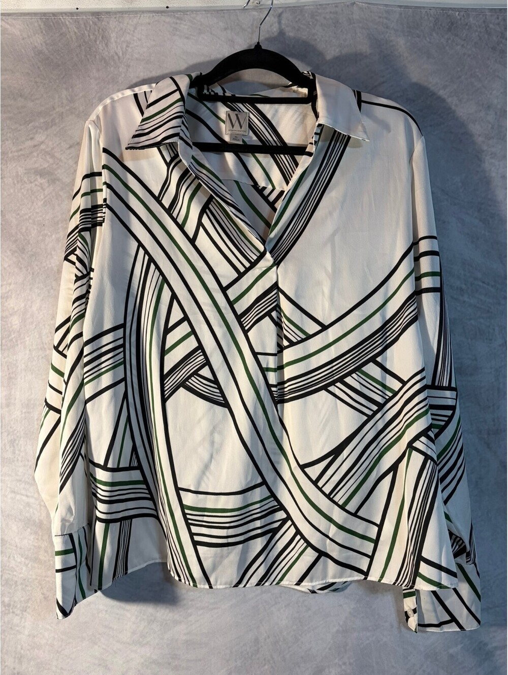 Worthington Women's XL Geometric Stripe Blouse White Green Black Long Sleeve
